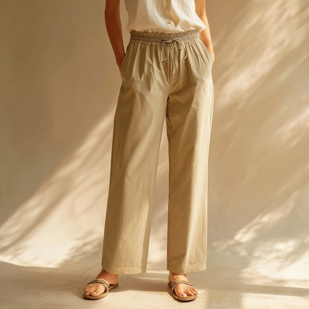 Women’s bottoms collection—tapered, straight and wide-leg pants in neutral tones on studio backdrop