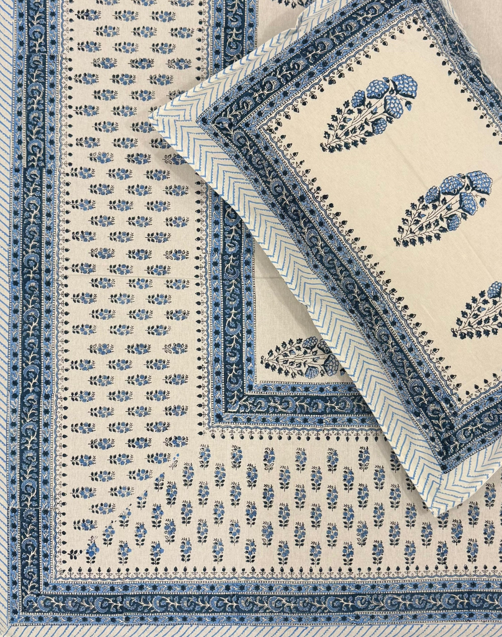 Blue Ivory - Hand Block Printed Percale Cotton Bedsheet
