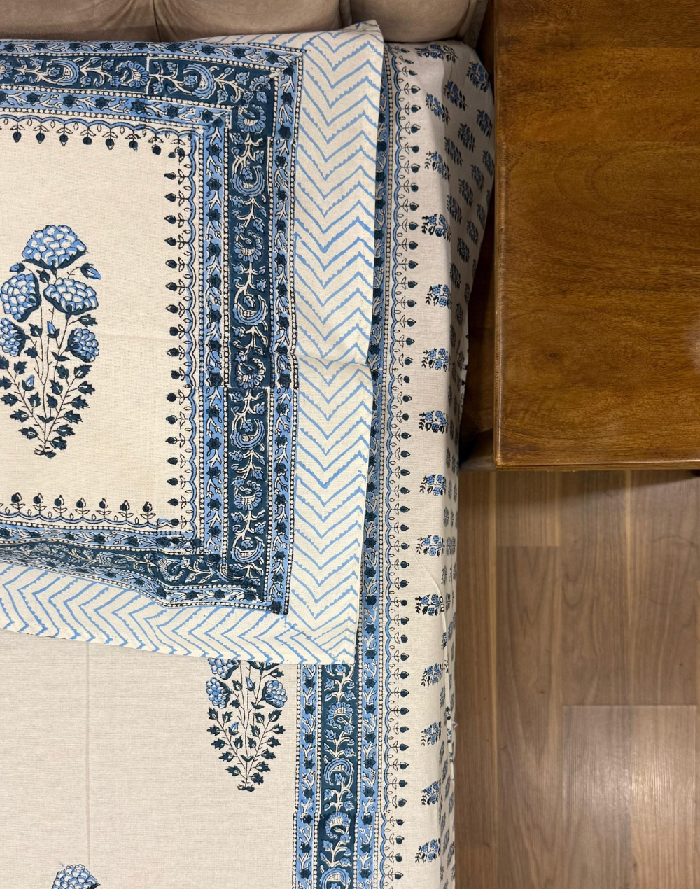 Blue Ivory - Hand Block Printed Percale Cotton Bedsheet