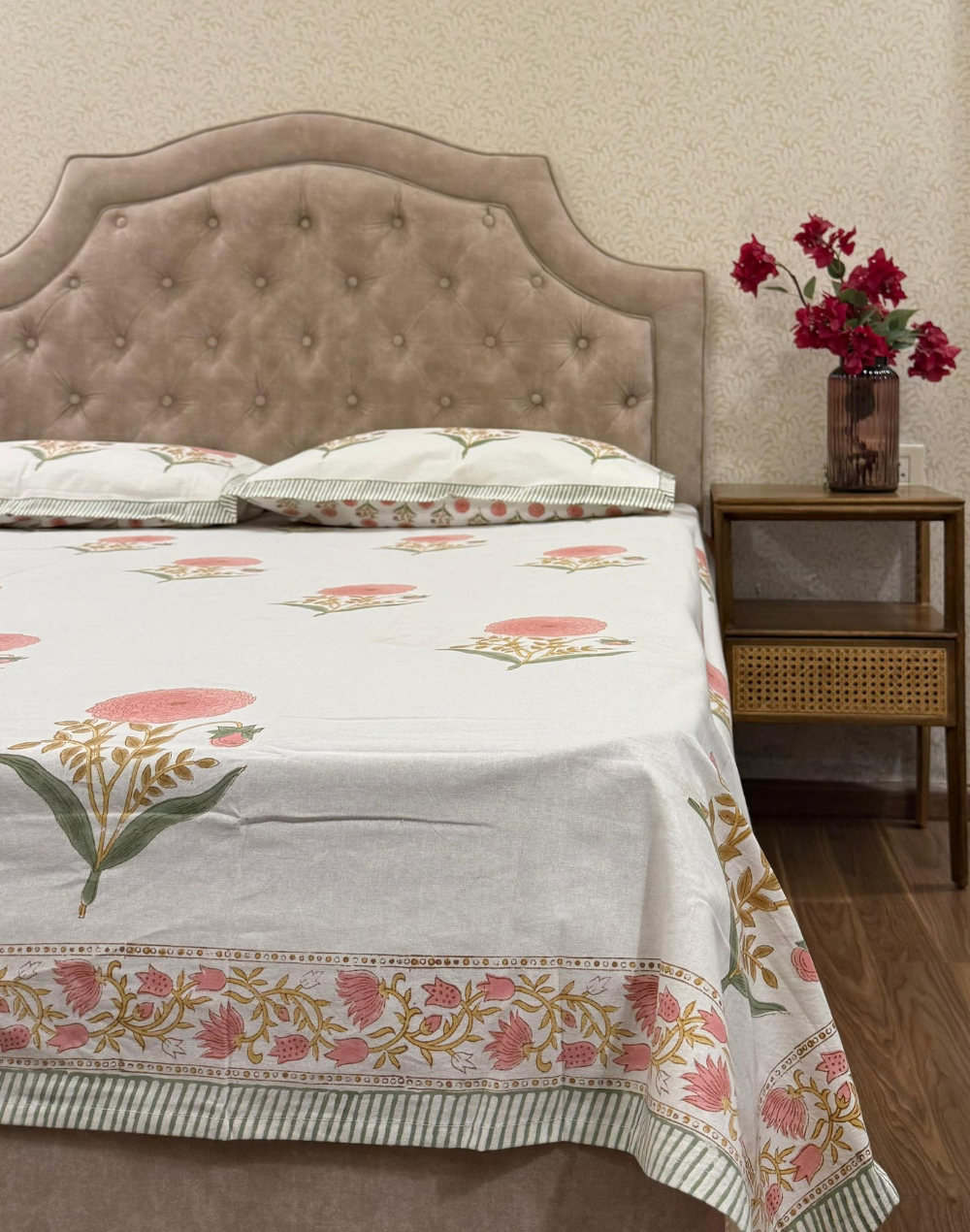 Coral Bloom - Hand Block Printed Percale Cotton Bedsheet
