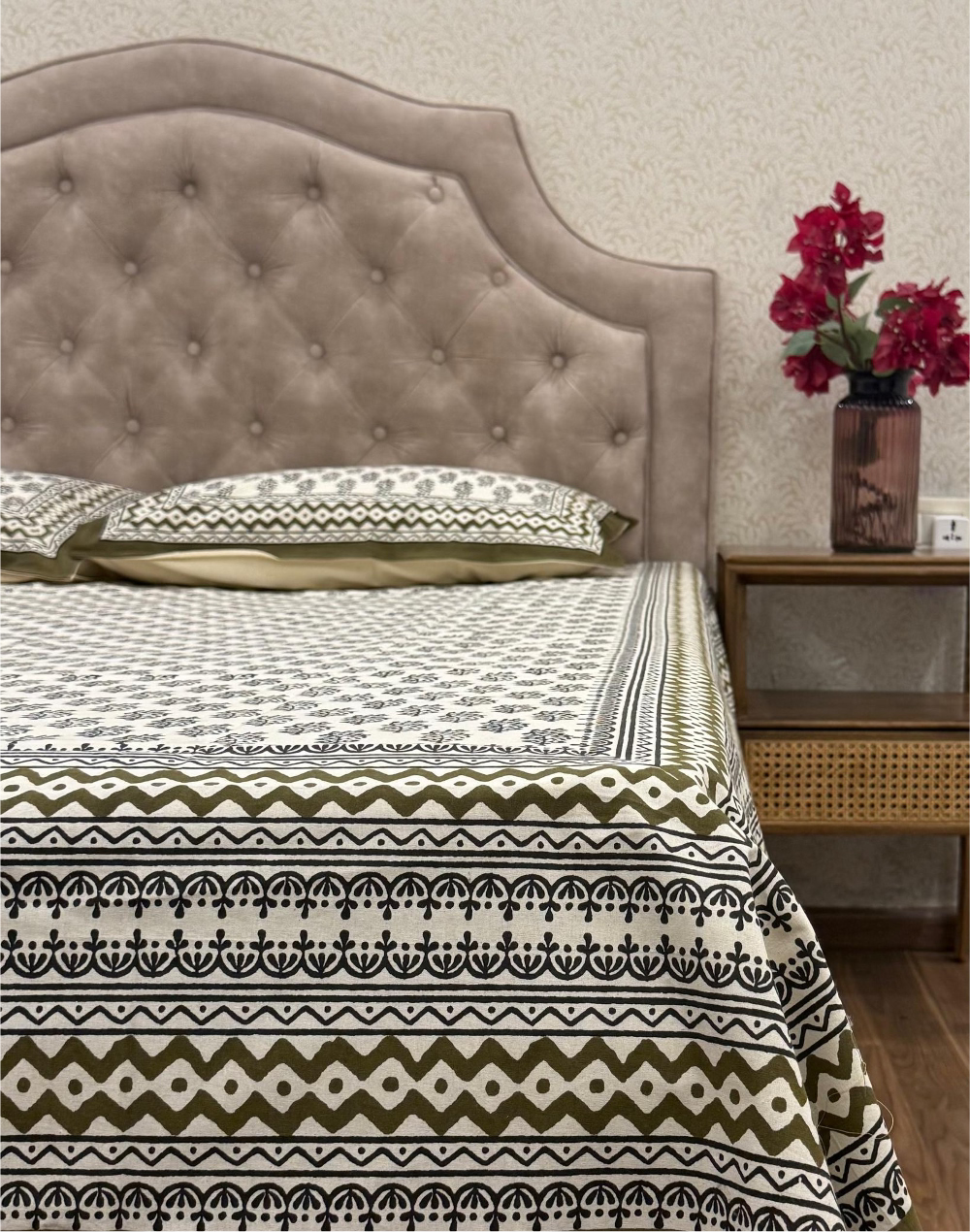 Olive Opulence – Hand Block Printed Cotton Bedsheet