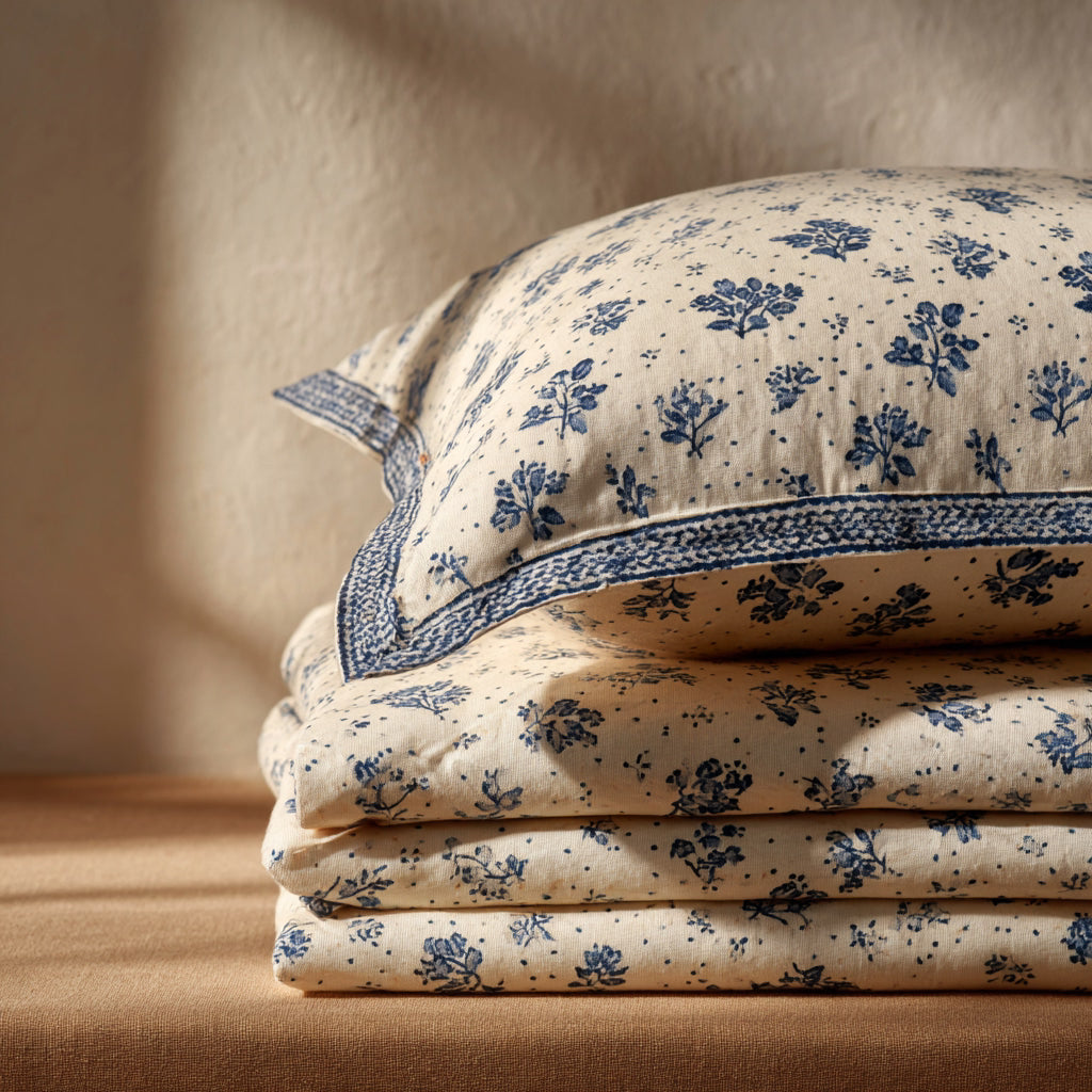 Folded cotton bed sheet in a neutral tone on a light studio background.