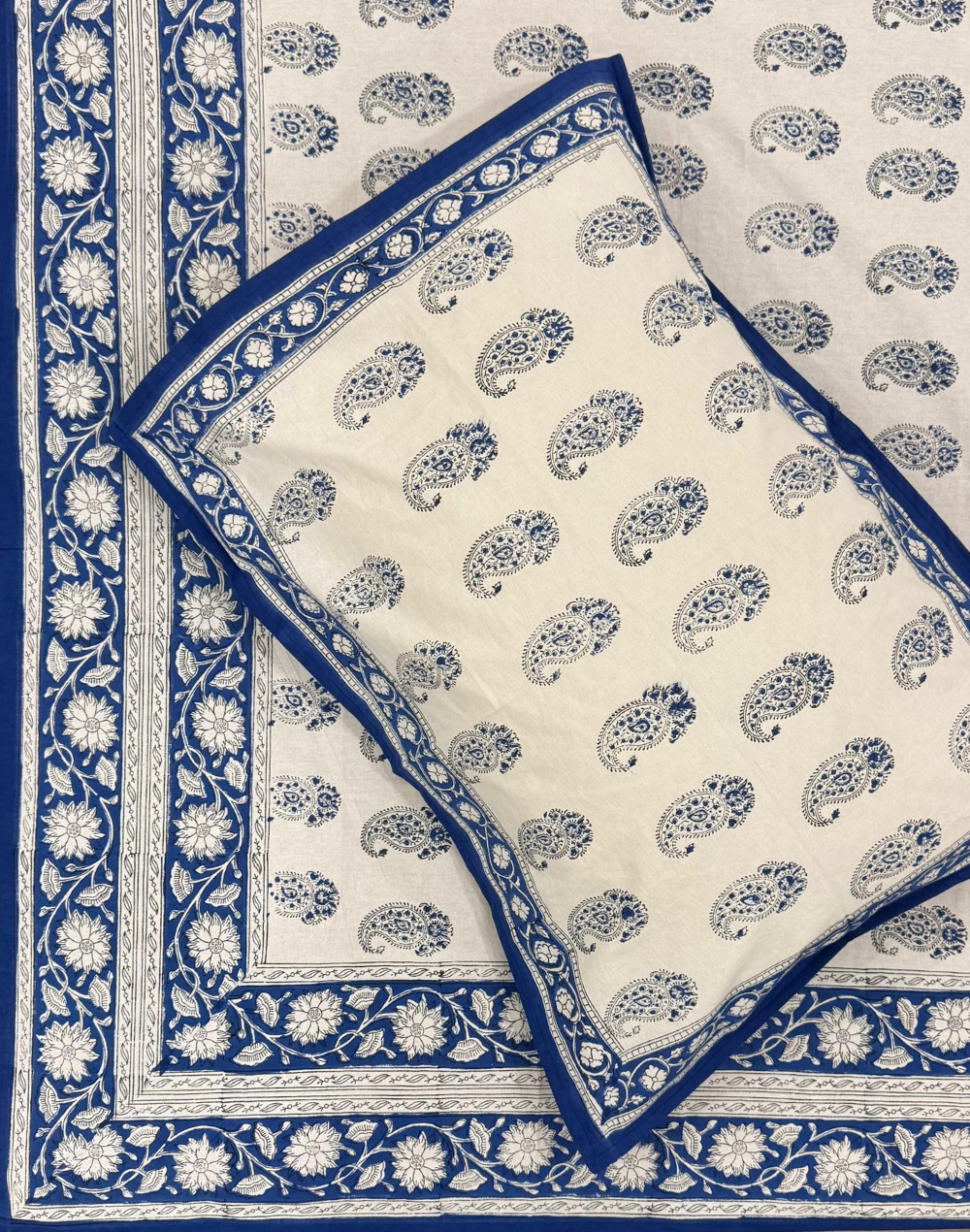 Blue Sapphire - Hand Block Printed Percale Cotton Bedsheet