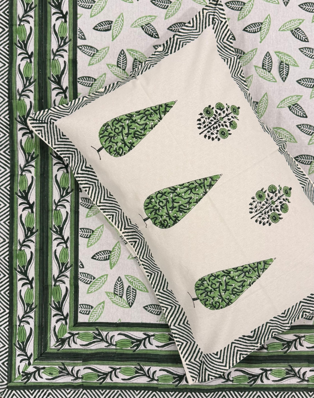 Emerald Pine Grove - Hand Block Printed Percale Cotton Bedsheet