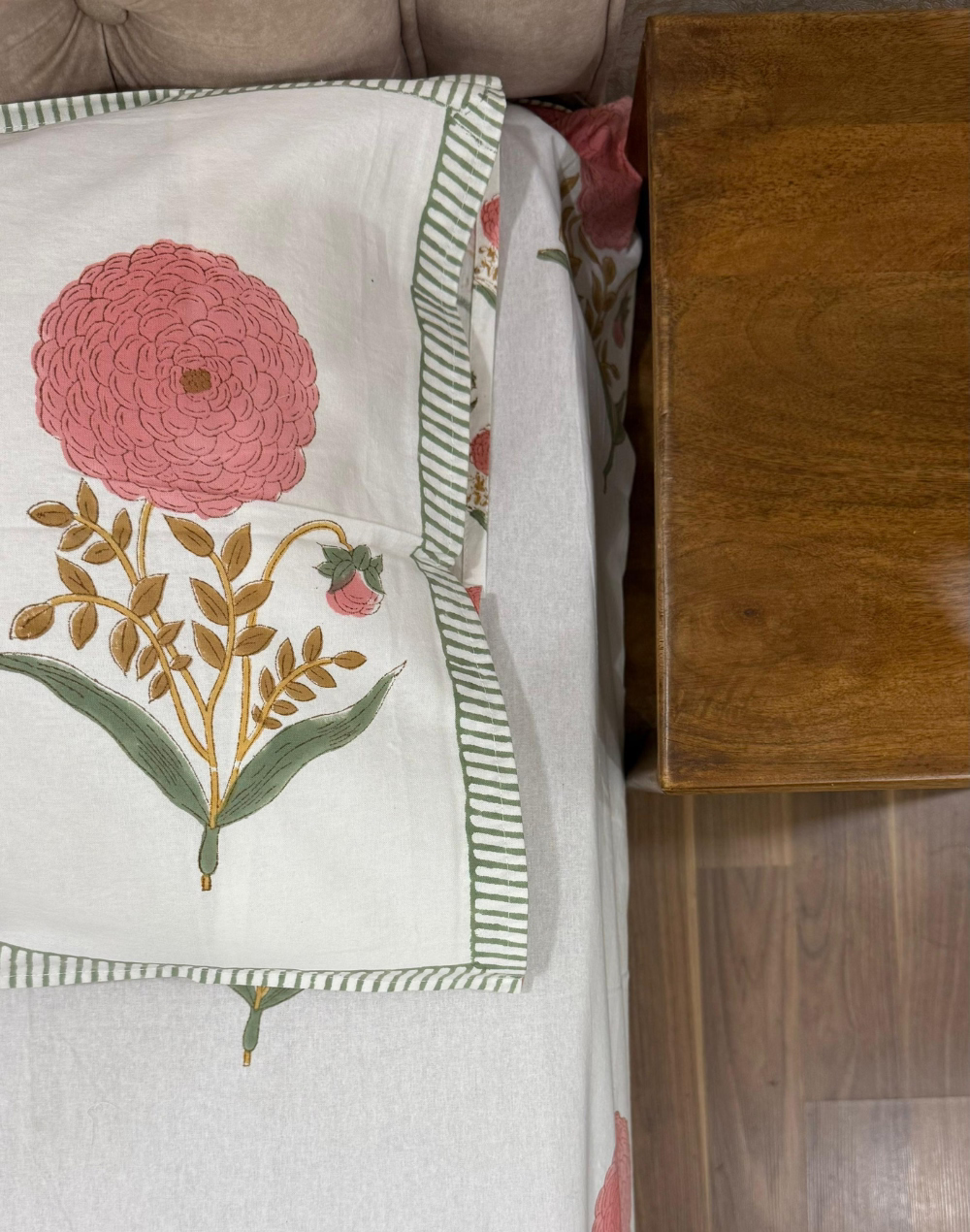 Coral Bloom - Hand Block Printed Percale Cotton Bedsheet