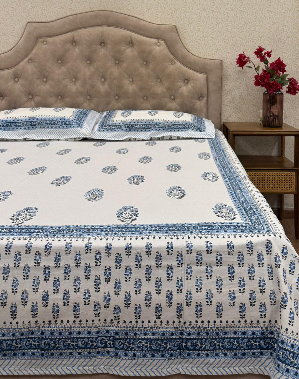 Blue Ivory - Hand Block Printed Percale Cotton Bedsheet