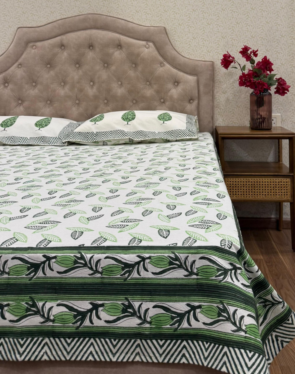 Emerald Pine Grove - Hand Block Printed Percale Cotton Bedsheet