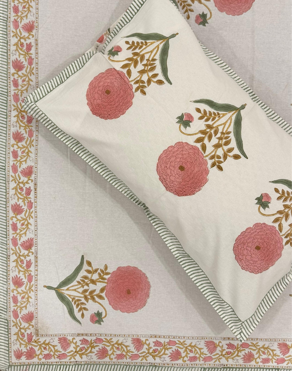 Coral Bloom - Hand Block Printed Percale Cotton Bedsheet