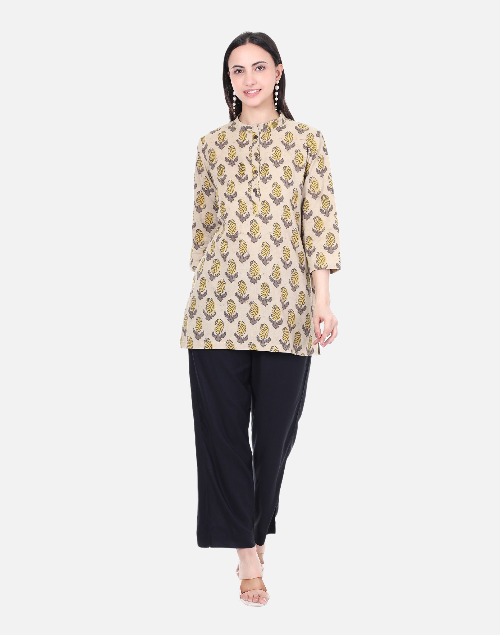 Beige Hand Block Printed Short Kurta