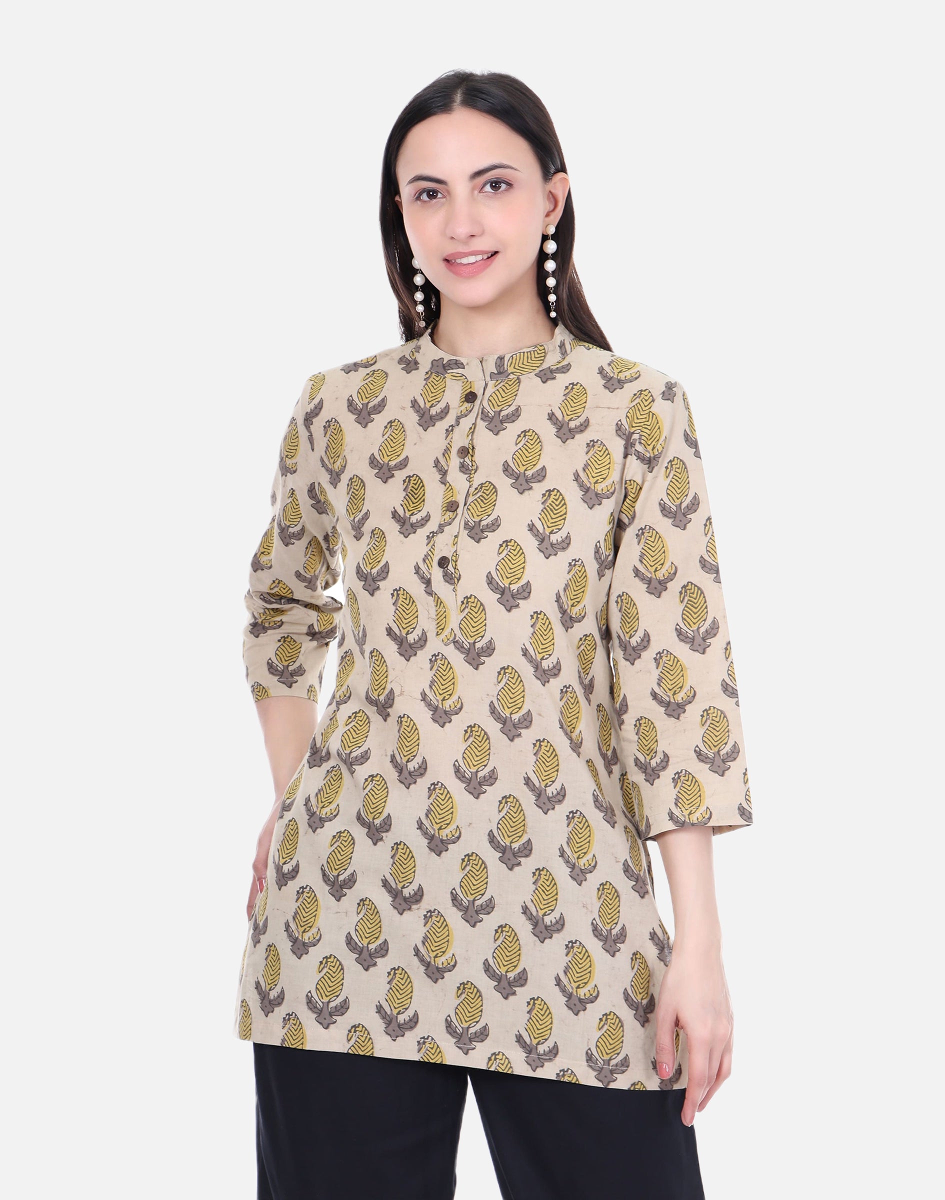 Beige Hand Block Printed Short Kurta