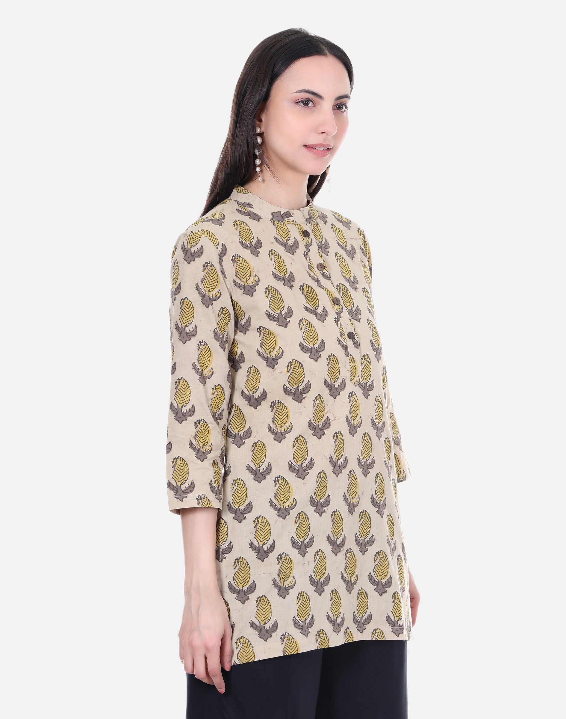 Beige Hand Block Printed Short Kurta