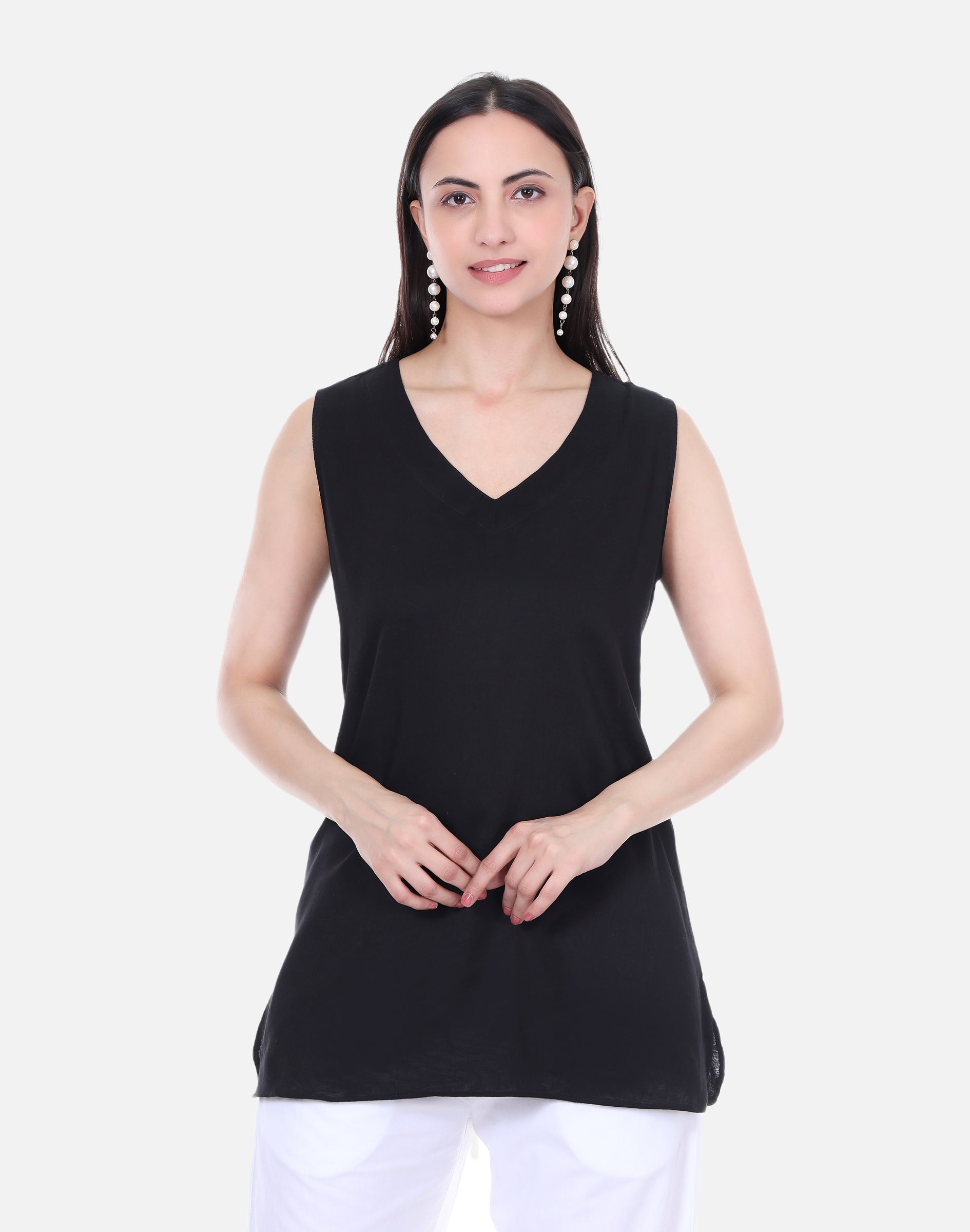 Black Mulmul Cotton Sleeveless Short Kurta