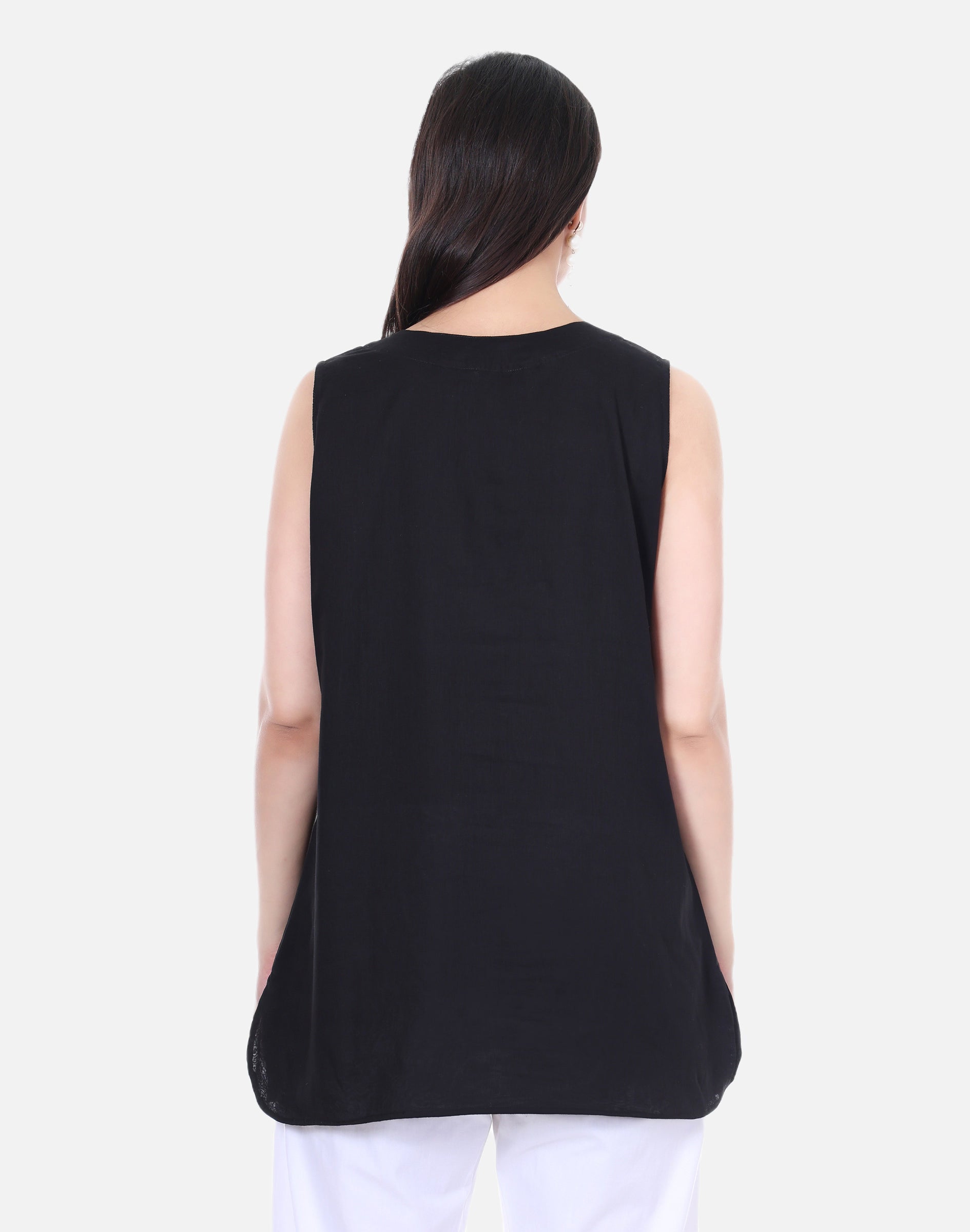 Black Mulmul Cotton Sleeveless Short Kurta