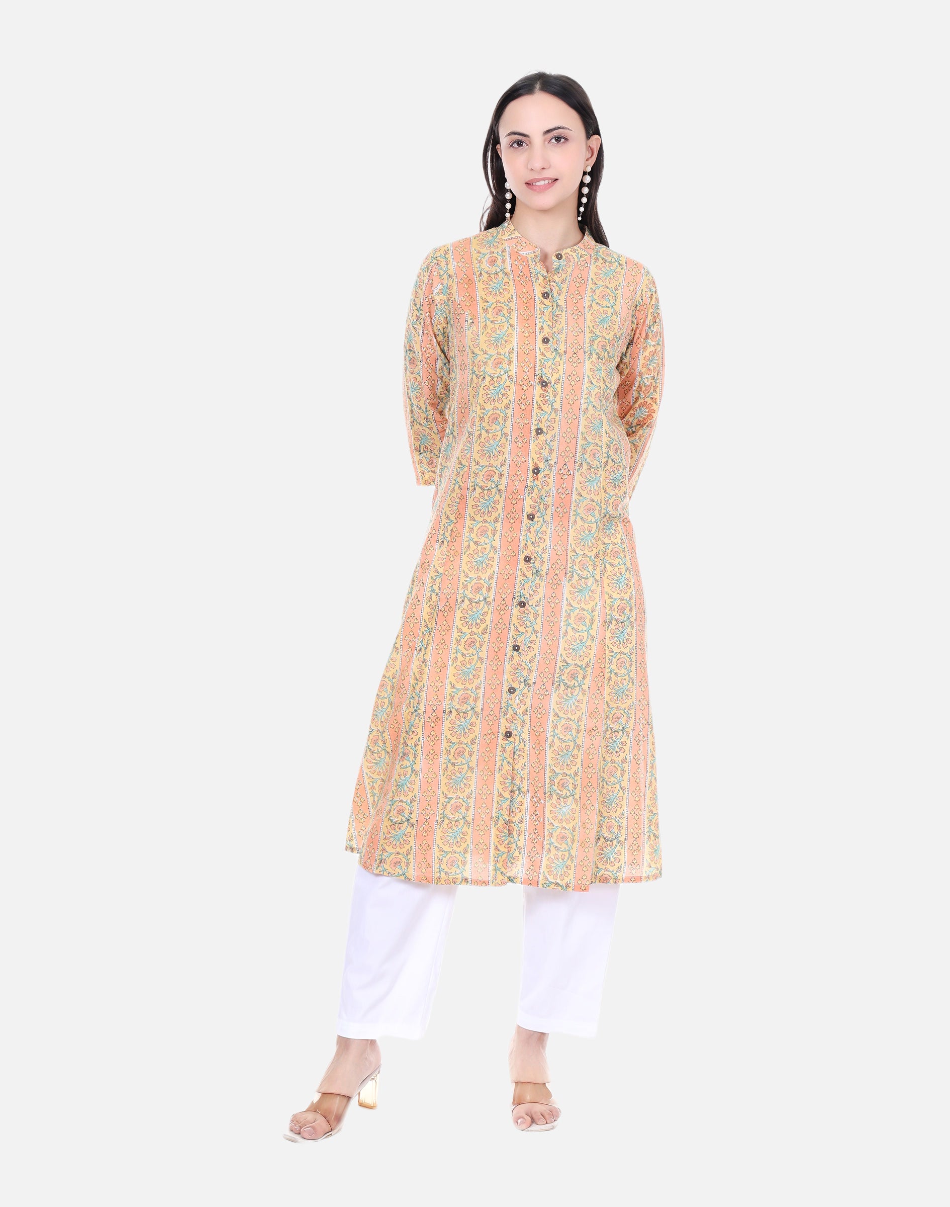 Peach Hand Block Printed Long Kurta
