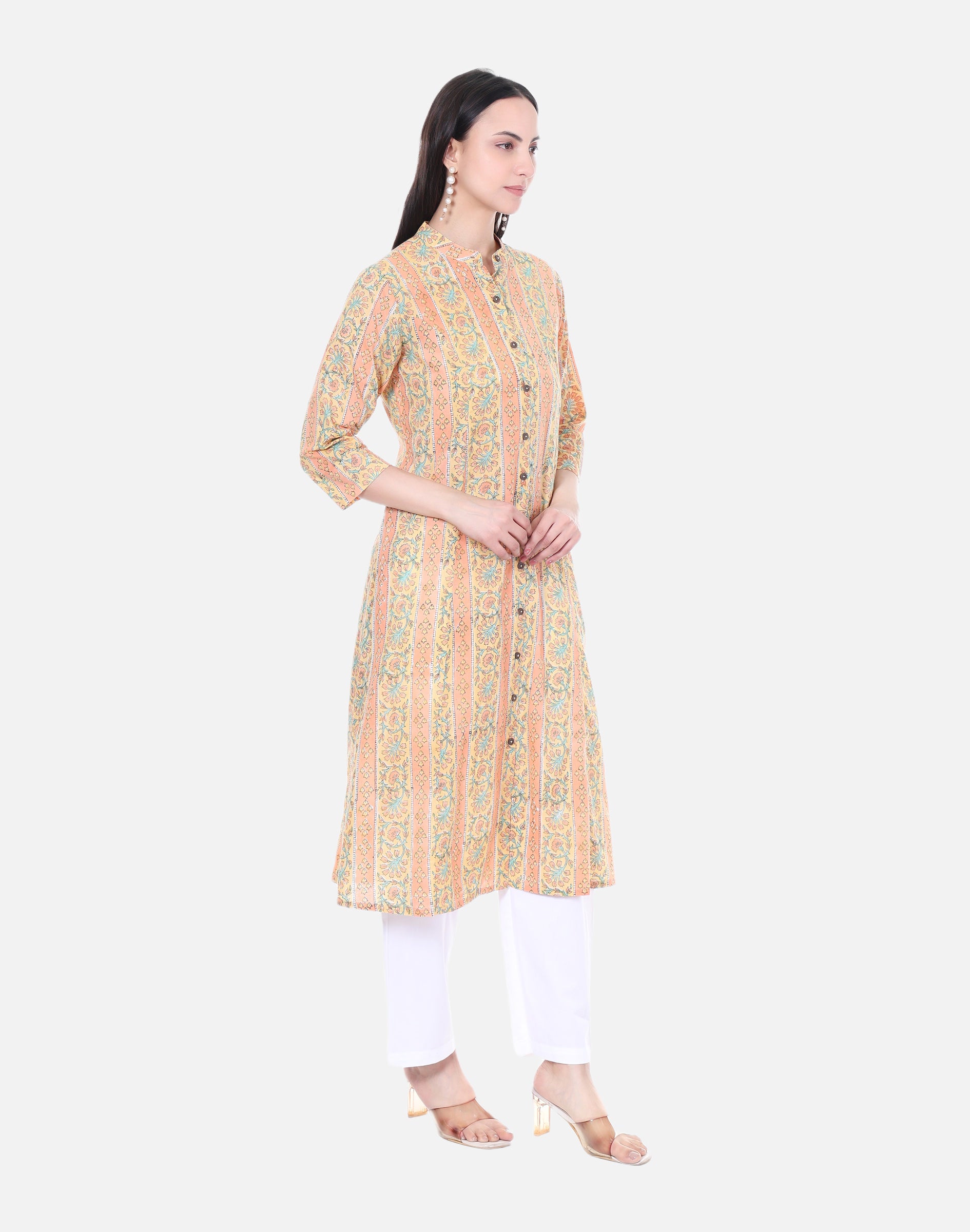 Peach Hand Block Printed Long Kurta