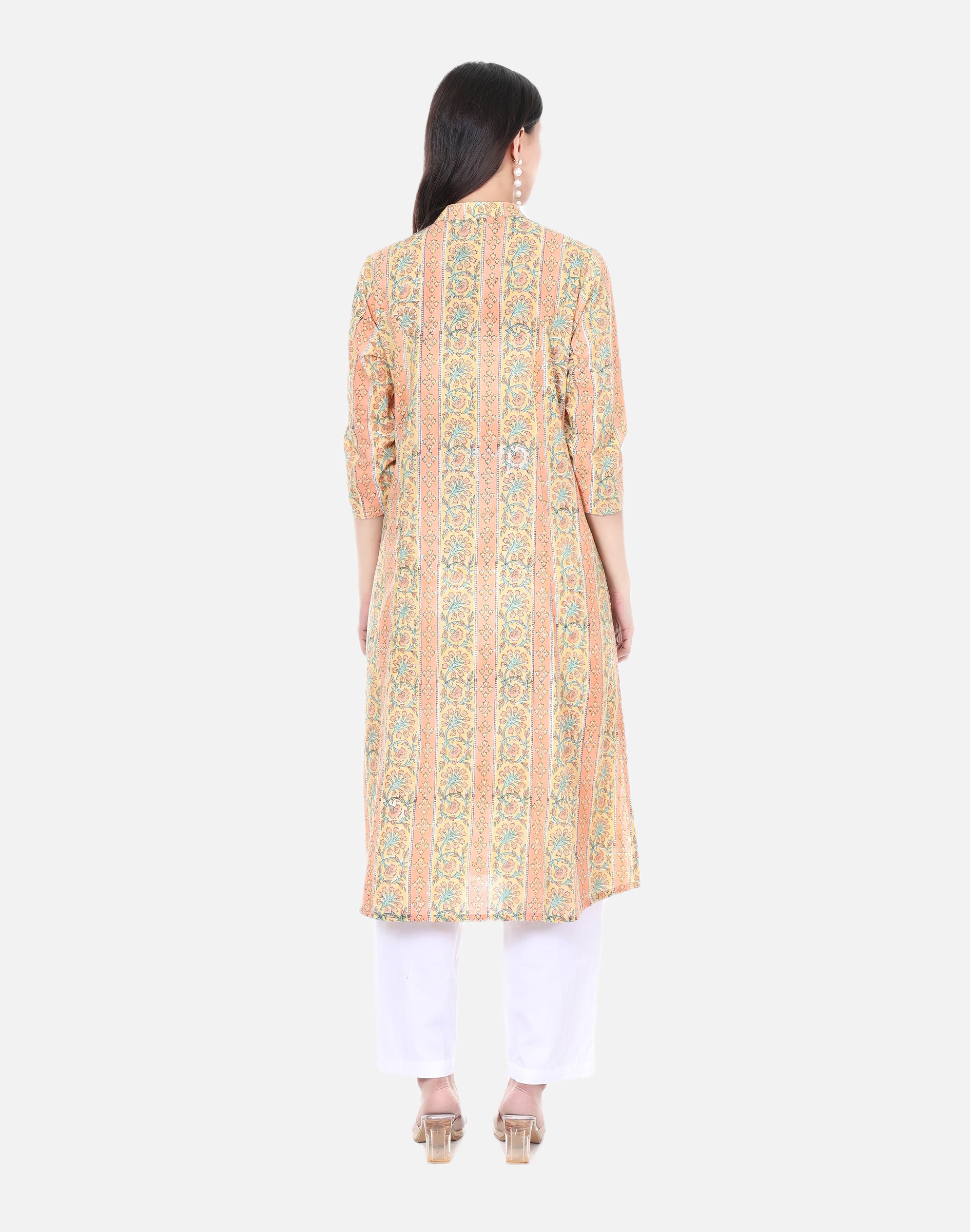 Peach Hand Block Printed Long Kurta